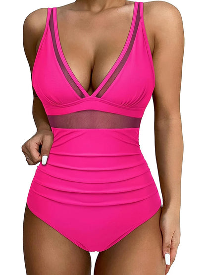 Mesh Panel Swimsuit One Piece High Cut Swimwear Women Solid Bathers Bathing Suit Female Backless Swimming Beachwear