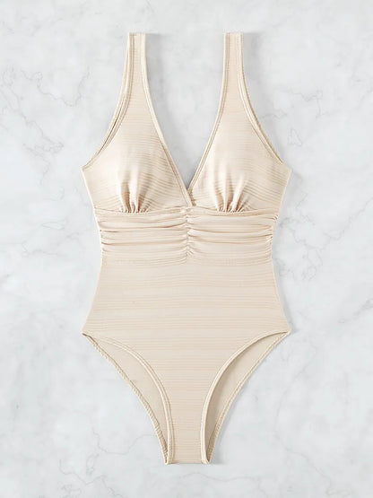 Strappy Fold Swimsuit Women One Piece Plunging Backless Swimwear Female Bathers Bodysuit Bathing Swimming Suit Beachwear