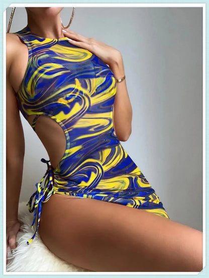 3 Piece Print Halter Triangle Bikini Sets Women Cover Up Swimwear Summer Swimsuit Female Bathing Swimming Suit Beachwear