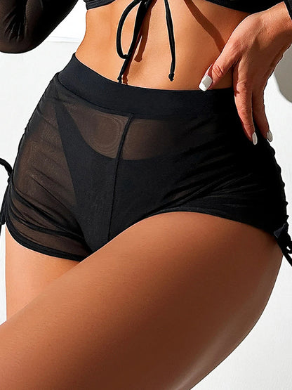 4 Piece Bikini Women Drawstring Cover Up Top & Shorts Swimsuit Female Halter Swimwear Bathing Swimming Mesh Beachwear Suit