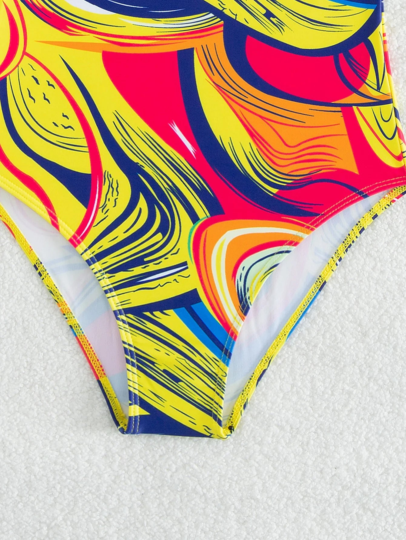 Yellow Design Print Strapped Swimwear Women Patchwork Push Up One Piece Swimsuit Monokini Backless Hollow Bathing Suit