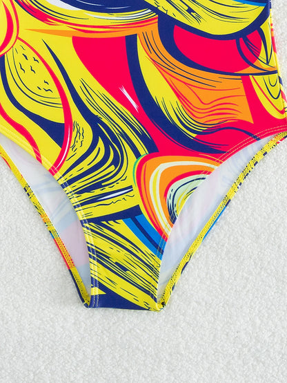 Yellow Design Print Strapped Swimwear Women Patchwork Push Up One Piece Swimsuit Monokini Backless Hollow Bathing Suit