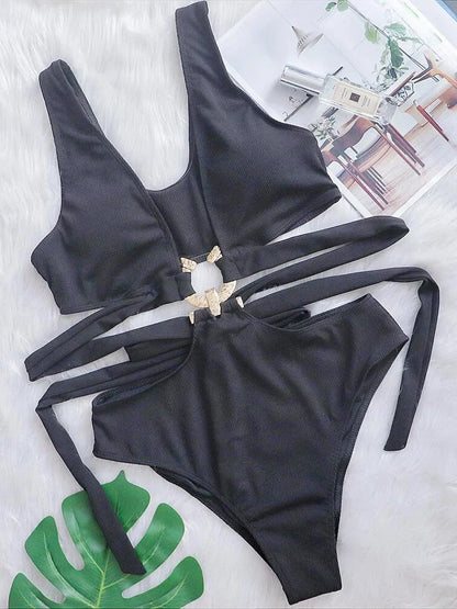 Leaves Printed High Cut Out Women Swimwear One Piece Swimsuit Female High Waist Monokini Bather Bathing Suit Swim Lady