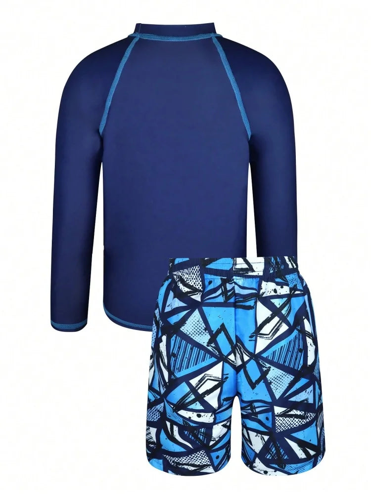 Boys' Blue Geometric Long-Sleeve Rash Guard Set with Shorts