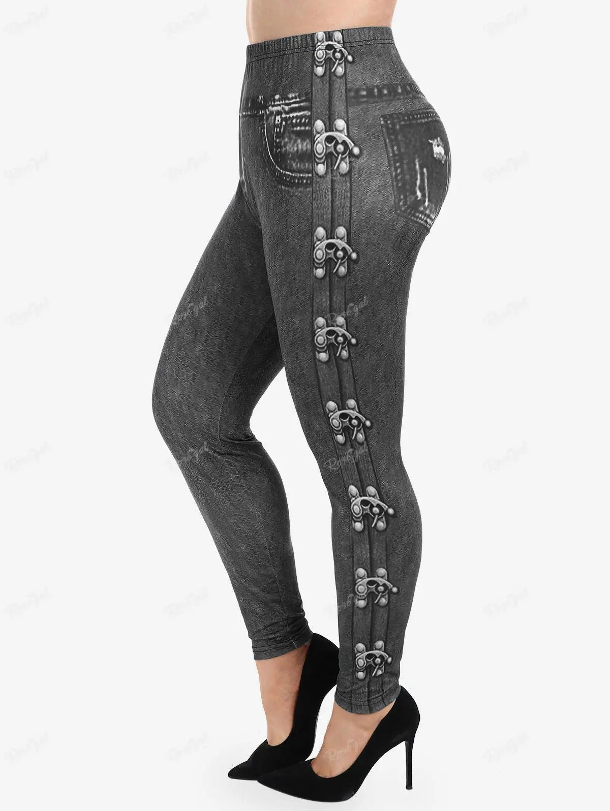 ROSEGAL 5XL Women's Plus Size Leggings Gothic 3D Zipper Buckles Printed Pencil Pants Oversized High Waist Skinny Trousers Mujer
