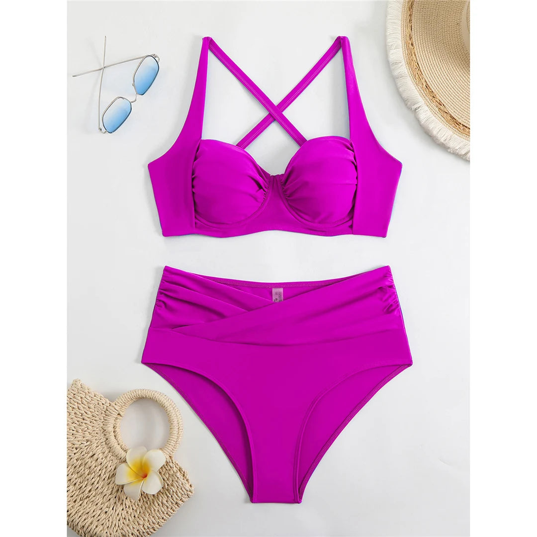 Pleated Underwired Padded Female Swimsuit High Waist Bikini Women Swimwear Two-pieces Bikini set Bather Bathing Suit Swim