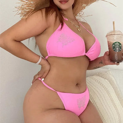 Plus Size Bikini Women Swimsuit Butterfly Diamond Shiny Swimwear Strappy Bandage Bathing Suit Designer Swimsuit 2 Piece Set