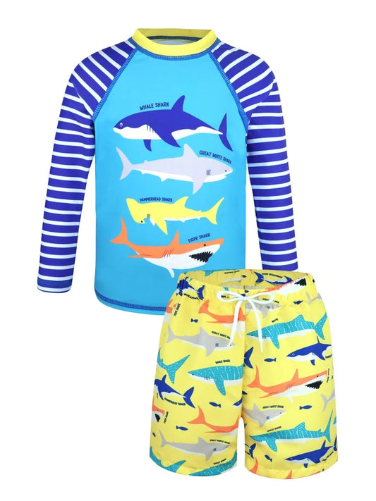 Boy Kids Swimsuit Cartoon Shark Striped Long Sleeves Children Swimwear Summer Two Piece Beachwear Bathing Suit Swimming