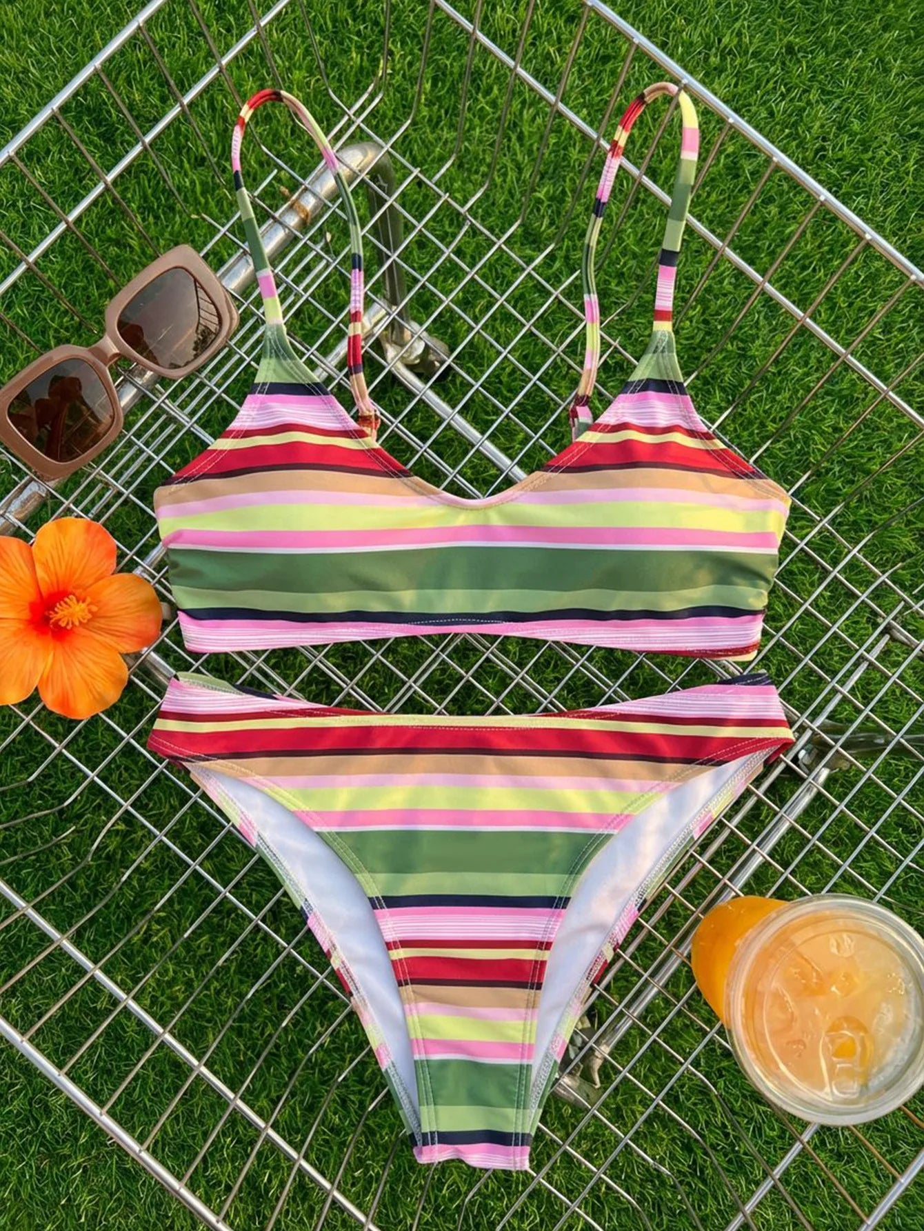 Green Pink Striped Bikini Set Women Colorful Push Up Bra Thong Swimsuit Beach Bathing Suit Holiday Two Piece Swimwear