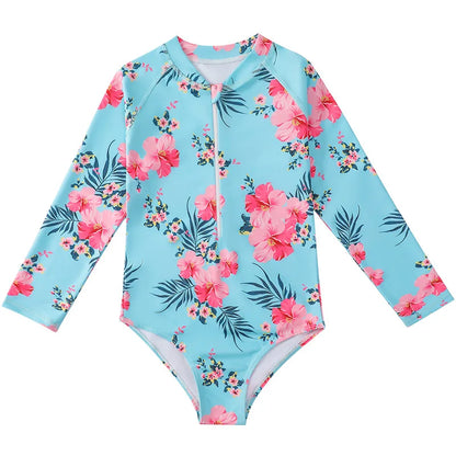 European And American Style Girls One-piece Swimsuit 4-12Years Kids Long Sleeves Broken Flowers Print Bathing Suit