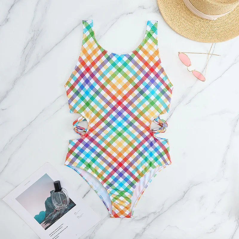 Girls Swimsuit One Piece Rainbow Plaid Kids Swimwear Children's Bathers Bathing Swimming Swim Suit Summer Beachwear