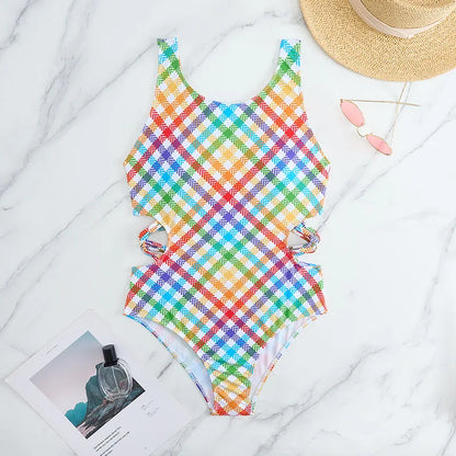 Girls Swimsuit One Piece Rainbow Plaid Kids Swimwear Children's Bathers Bathing Swimming Swim Suit Summer Beachwear