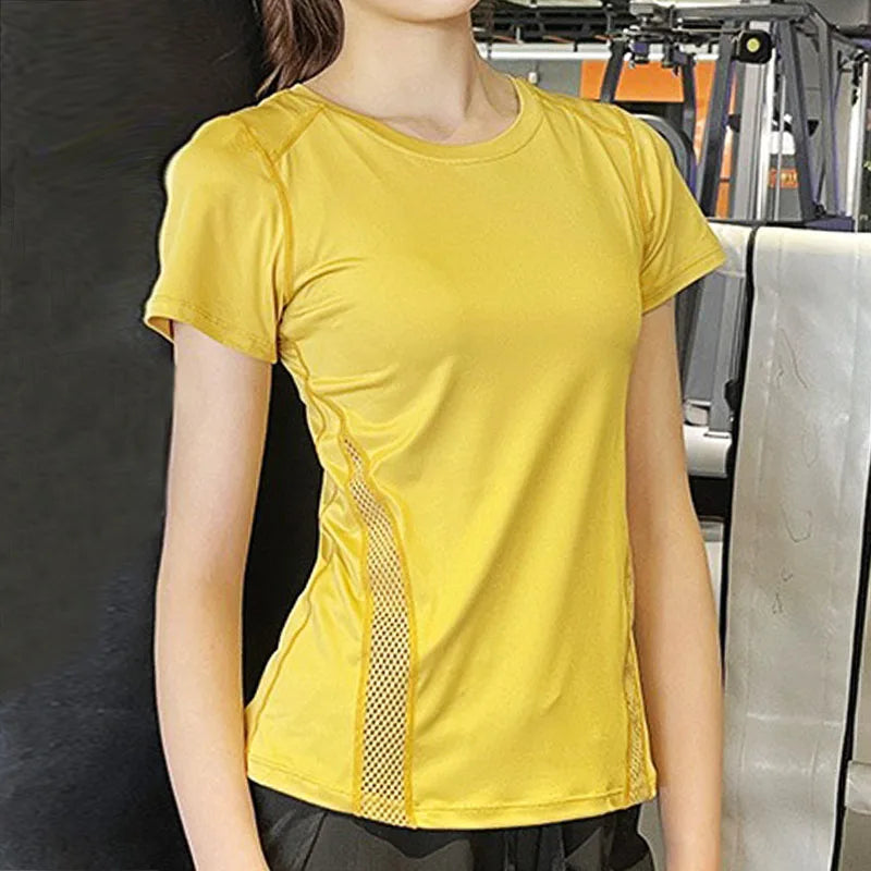 Quick Dry Breathable Mesh Splicing Slim Fit Reflective Strip Back Elastic Women Short Sleeve Sport T-shirt Yoga Gym Top