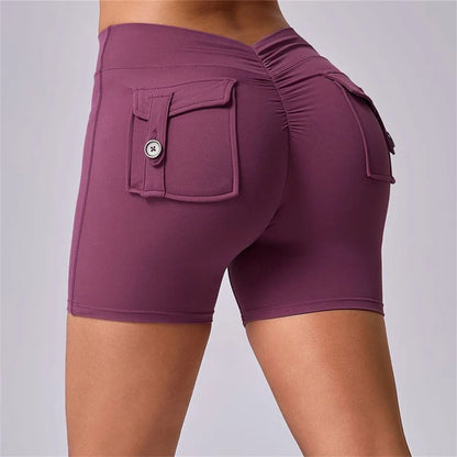 Deep V Back Yoga Shorts Women Pocket Scrunched Butt Gym Leggings High Waist Push Up Tights Booty Sports Shorts Fitness