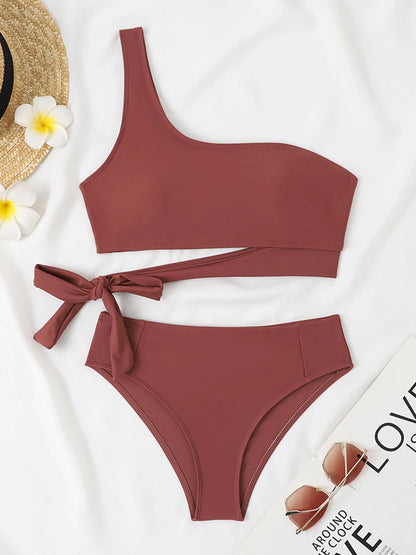 One Shoulder Bikini Set Swimsuit Women Solid Padded Swimwear Female Bathers Bathing Swimming Swim Suit Beachwear
