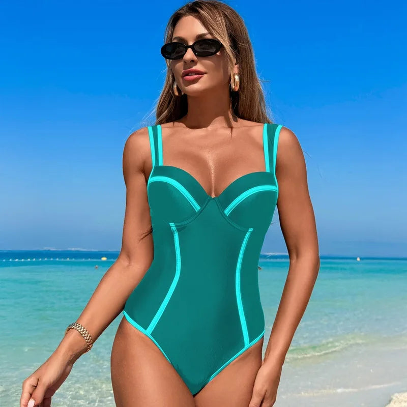 Vintage Black White Patchwork One Piece Swimsuit Women Halter Push Up Underwire Slim Bathing Suit Backless Holiday Swimwear