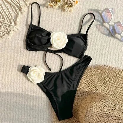 Flower Bandeau Swimwear Thong Bikini Women Lace-up Swimsuits Swimming Bathing Suit Brazilian Bikinis Set Mujer Biquini