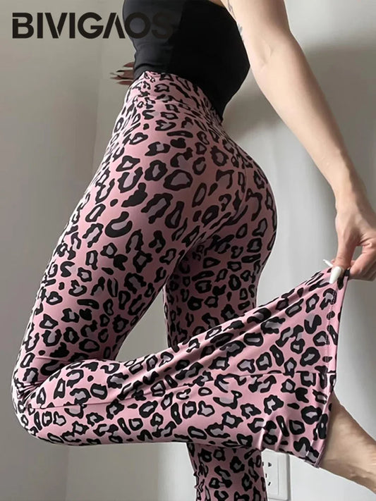BIVIGAOS Spring Summer Leopard Print Flared Leggings Women Sharkskin High Waist Tight Sport Pilates Fitness Horseshoe Pants