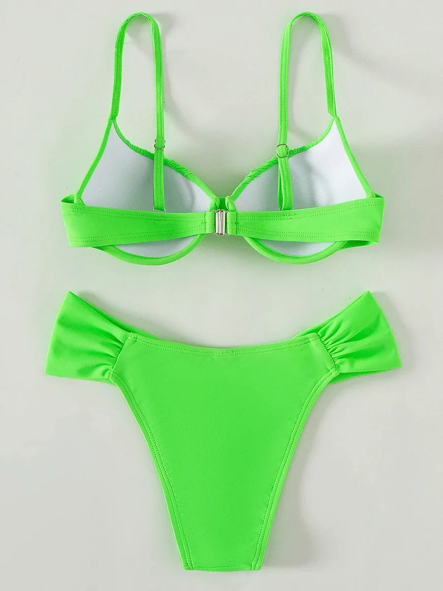 Neon Green Wrinkled Underwired Bra Cup Bikini Female Swimsuit Women Swimwear Two-pieces Bikini set Bather Bathing Suit Swim Lady