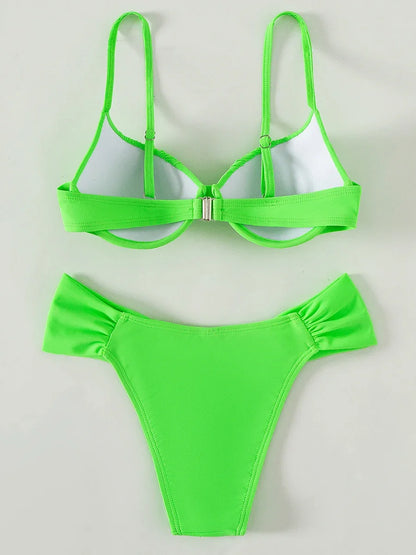 Neon Green Wrinkled Underwired Bra Cup Bikini Female Swimsuit Women Swimwear Two-pieces Bikini set Bather Bathing Suit Swim Lady