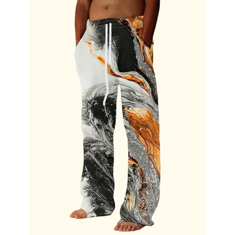 Men's Stylish Loose Pants Marble Graphic Print With Drawstring And Pockets For Spring Fall Outdoor Casual Pants