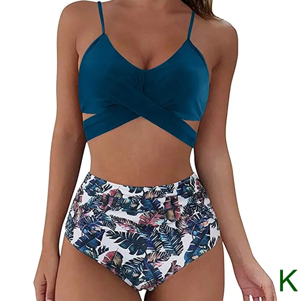 Bikini Two Piece Suit Cross Front Slim High Waisted Bottom Solid/Print Breathable Quick Drying Beachwear
