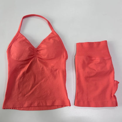 2Pcs Gym Set Women Backless Tank Tops High Waist Scrunch Seamless Shorts Gym Suit Fitness Clothes Activewear Workout Set