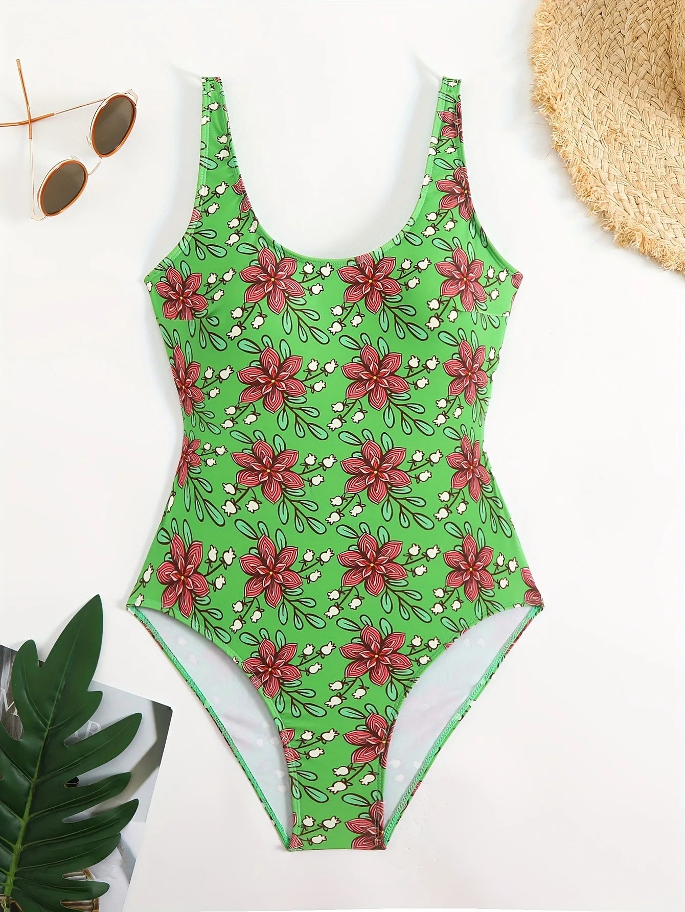Vintage Green Floral Print One Piece Swimsuit Women Summer Hollow Out Backless Cross Tummy Control Bathing Suit Swimwear