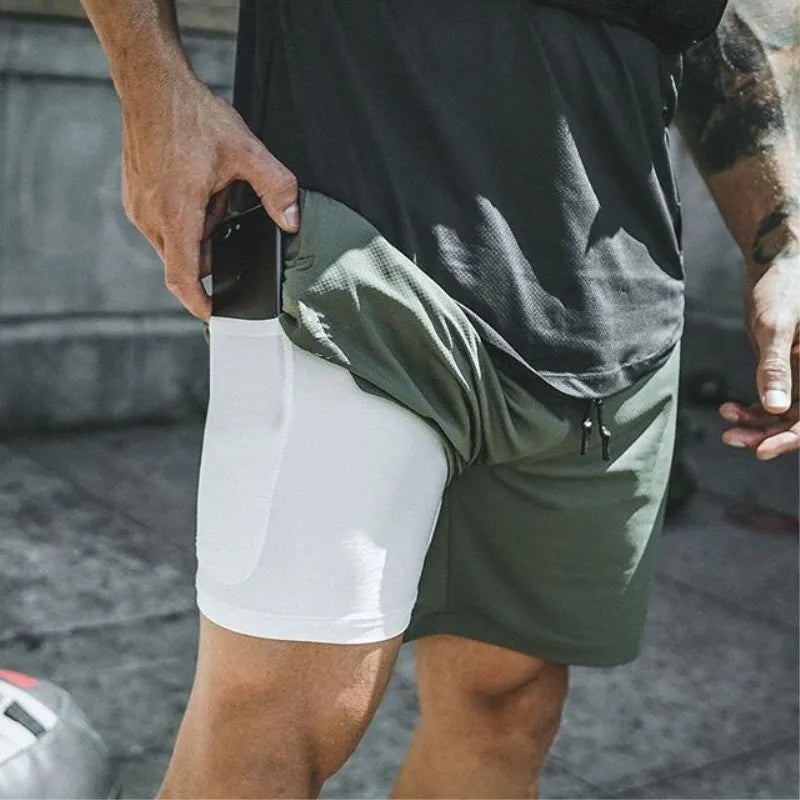 European Men's Sports Summer Double Layer Mobile Phone Pants Gym Exercise Jogging Training Shorts