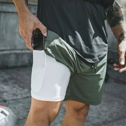 European Men's Sports Summer Double Layer Mobile Phone Pants Gym Exercise Jogging Training Shorts