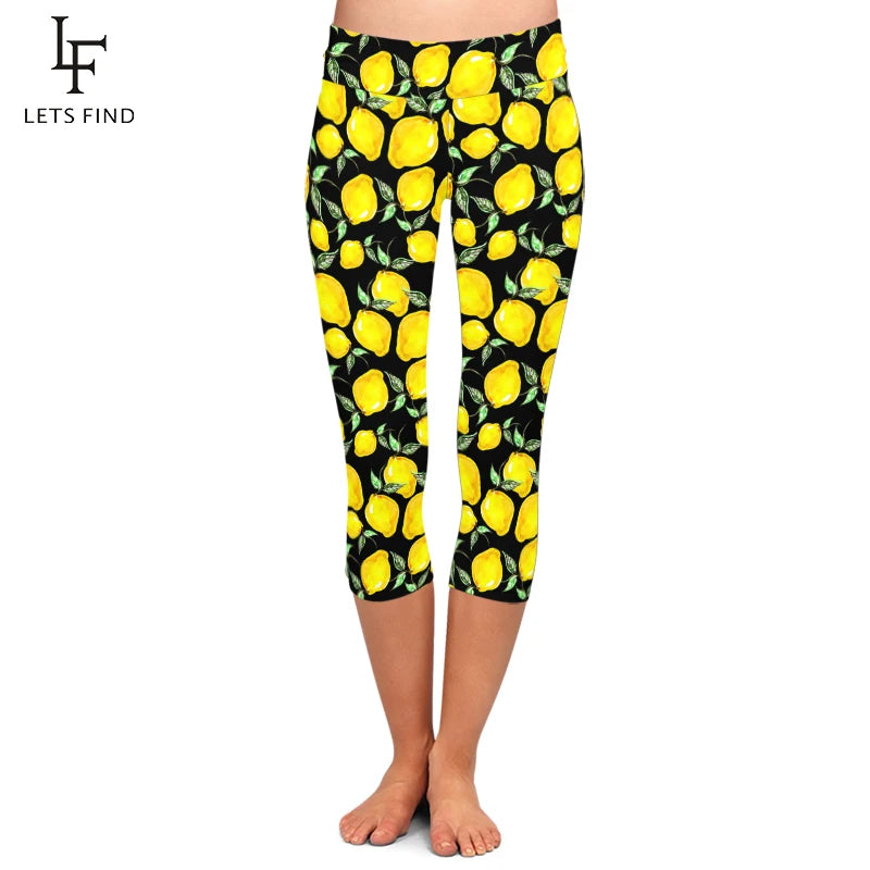 3d Lemon Digital Printed Capri Leggings High Waist High Elastic Mid-Calf 3/4   Women Black Leggings