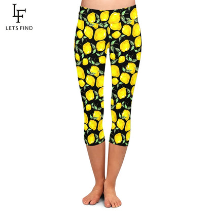 3d Lemon Digital Printed Capri Leggings High Waist High Elastic Mid-Calf 3/4   Women Black Leggings