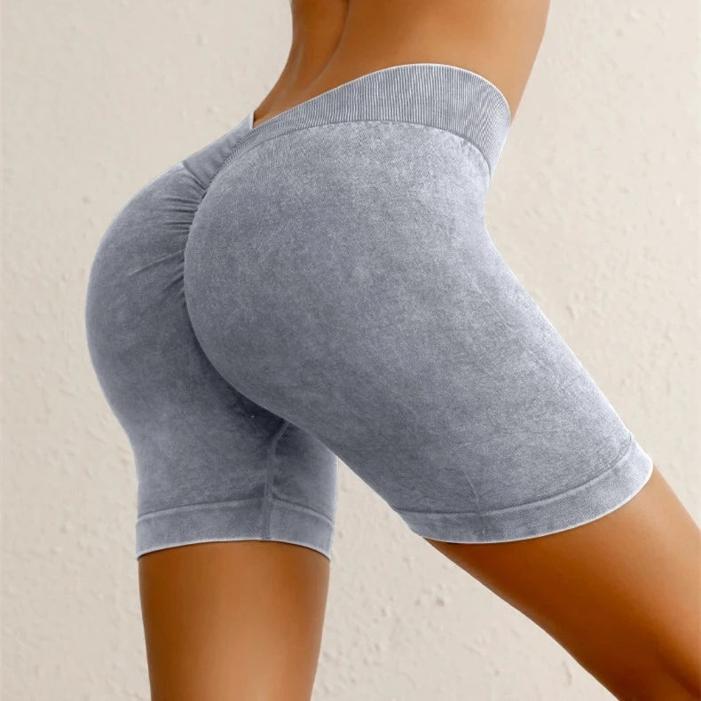 Washed Out Look Seamless High Stretch Sports Yoga Shorts Women V Back Hip Gym Cycling Elastic Tights Denim Design Active Exercise Shorts