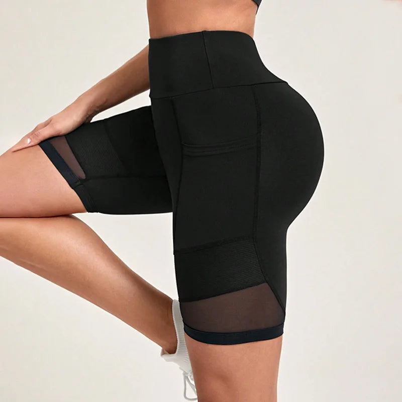 High Waist Mesh Yoga Shorts with Pockets Shorts for Women Tummy Control Workout Shorts for Women