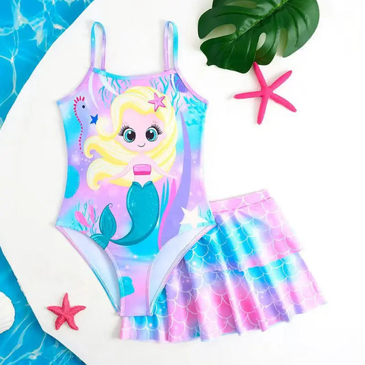 Girls Mermaid Printed Swimsuit One Piece Kids Swimwear & Beach Skirt Children Swimming Bathing Swim Suit Beachwear