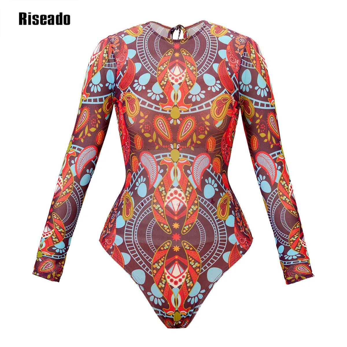 Womens Long Sleeve Mesh Rash Guard UV UPF 50+ Sun Protection Printed  High Waist Surfing One Piece Swimsuit Bathing Suit