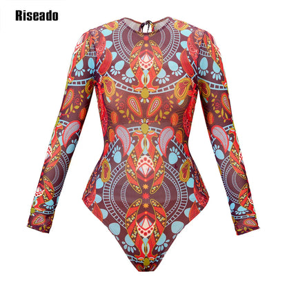 Womens Long Sleeve Mesh Rash Guard UV UPF 50+ Sun Protection Printed  High Waist Surfing One Piece Swimsuit Bathing Suit