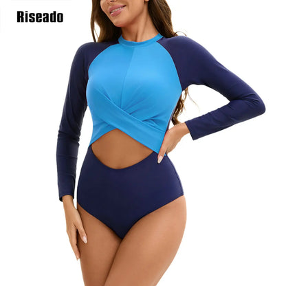Women's Long Sleeve Rash Guard Cut Out One Piece Swimsuit Sun Protection Back Zipper Bathing Suit
