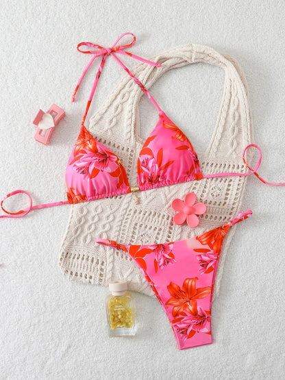 String Halter Bikini Triangle Swimsuit Women Printed Micro Swimwear Female Bathing Swimming Swim Suit Padded Beachwear