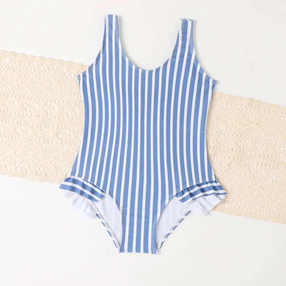 Teenage Girls Striped Ruffle One Piece Swimsuit 7-12 Years Retro Children's Swimwear Teens Bathing Suits for Kids Beachwear