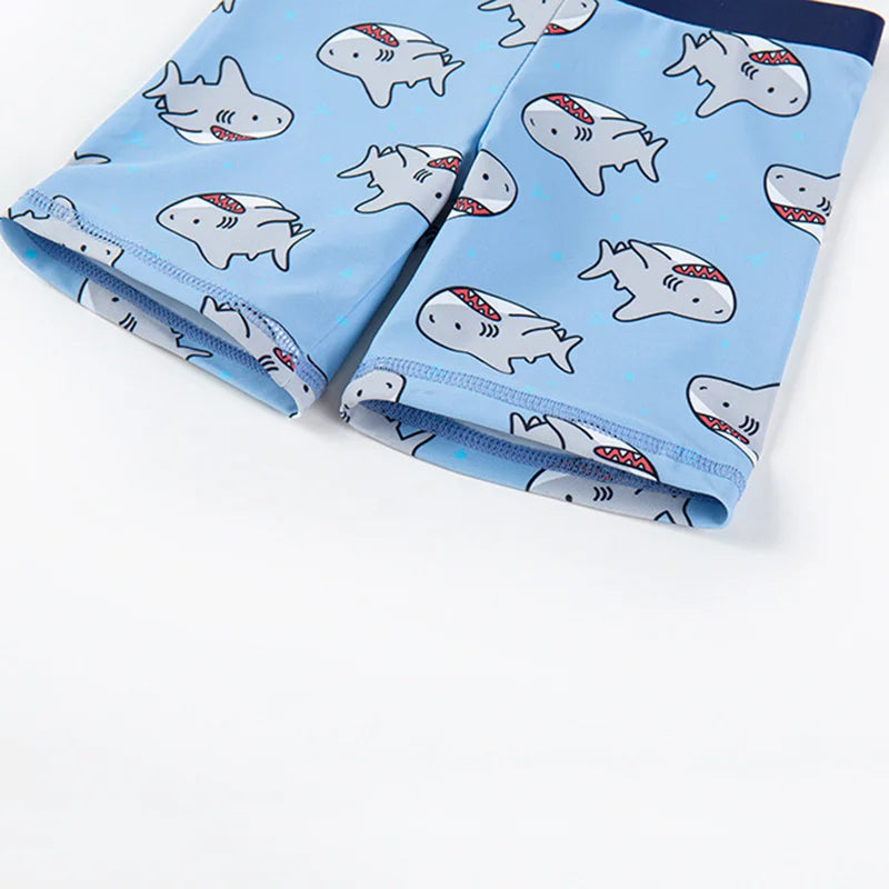 3PCS Kids Boys Summer Swimwear Bathing Suit Long Sleeve Shark Print Swimsuit Set Cute Tops with Bottoms Swimming Cap