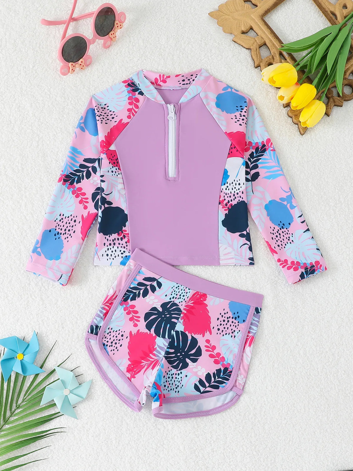 Girls Two Piece Swimwear Long Sleeve Rash Guard Shirts Quick-Dry Bathing Suit Summer Beach Wear Kids Swimsuit Toddler Bikini