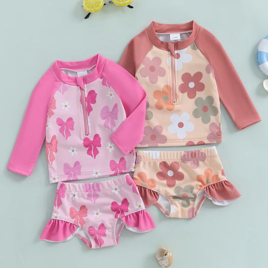 Children Girl 2Pcs Bathing Suit Long Sleeve Zip-up Swim Tops Shorts Beachwear Infant Rash Guard Swimsuit Set Flower Swimwear