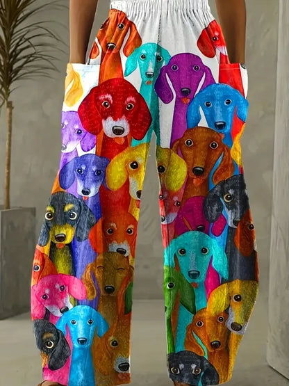 Retro Abstract Rock Print Women's Loose Casual Bloomers, Harajuku Street Trend Women's Pants, Outdoor Casual Double Pocket Pants