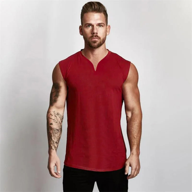 Cotton V-neck Fitness Tank Top Men Summer Muscle Vest Gym Clothing Bodybuilding Sleeveless Shirt Workout Sports Singlets