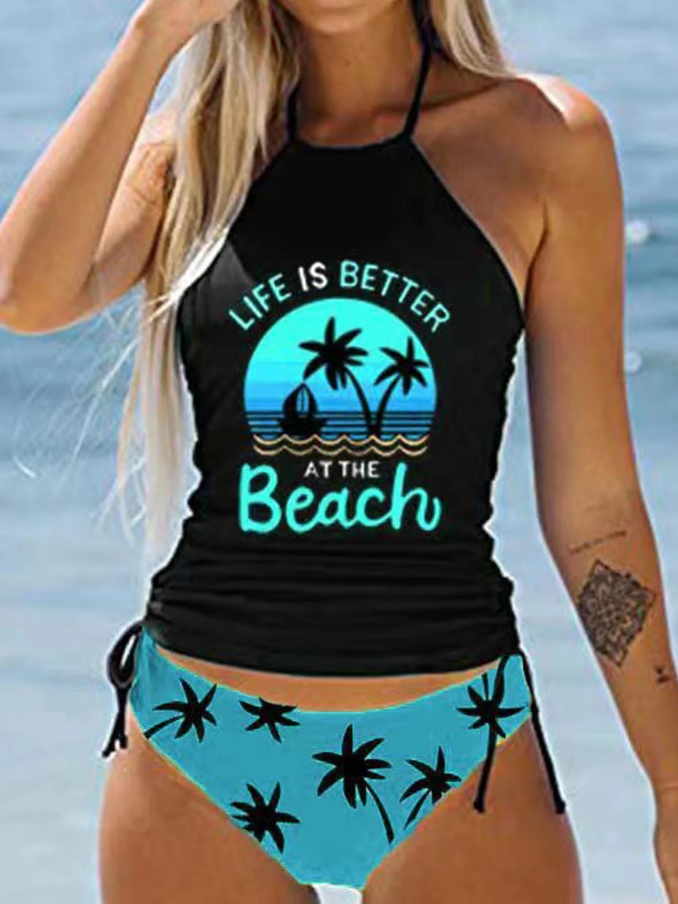 Print Push Up Tankini Low Waist Halter Tied Women For Swimsuit 2 Piece Backless Beach Swimwear Bathing Suit
