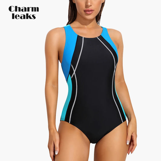 Charmleaks Women Sports One-Piece Swimsuits Racerback Patchwork High Elastic Training Bathing Suit