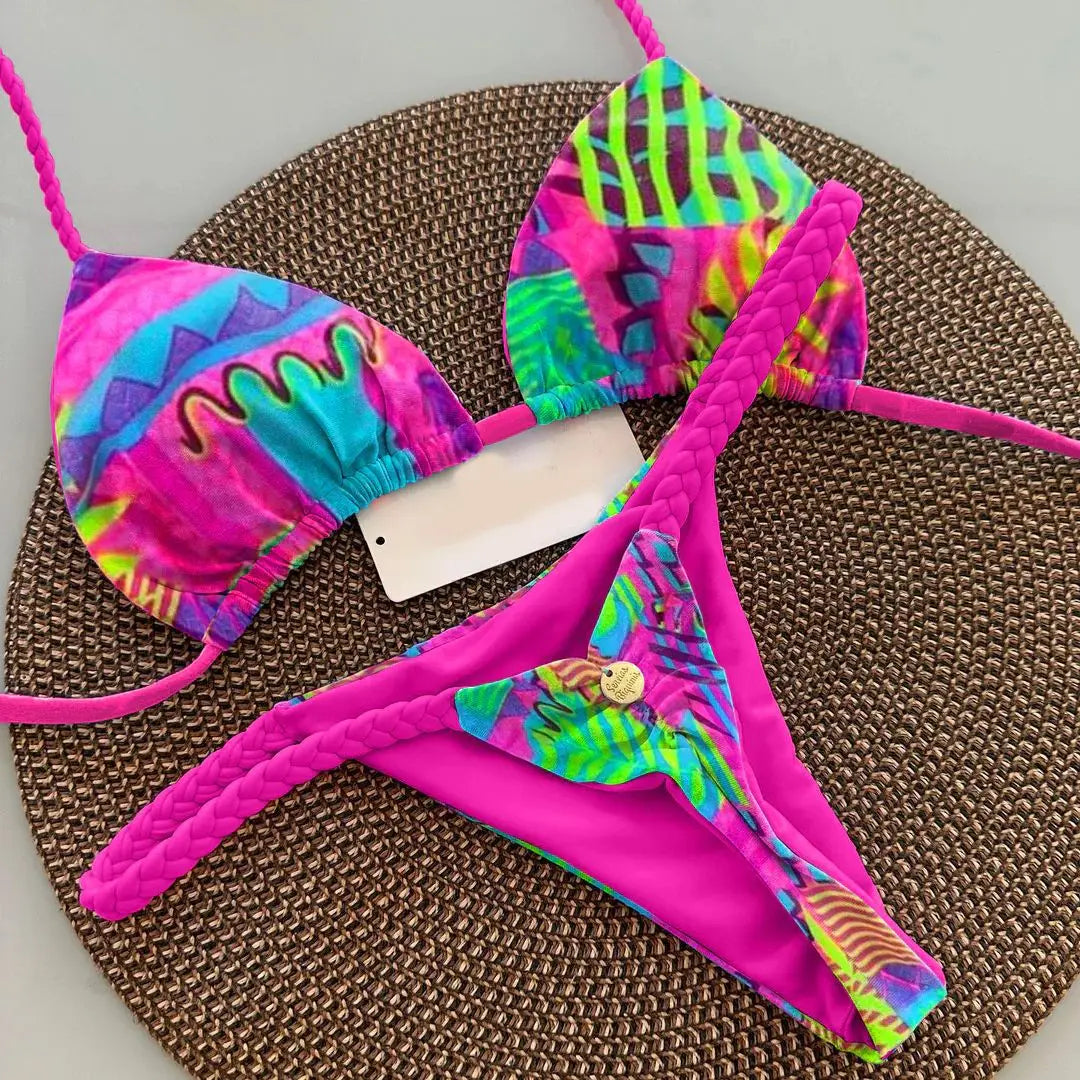 Bright Colorful Designs Women's Bikini Split Print Swimwear Fashion G-string Beach Holiday