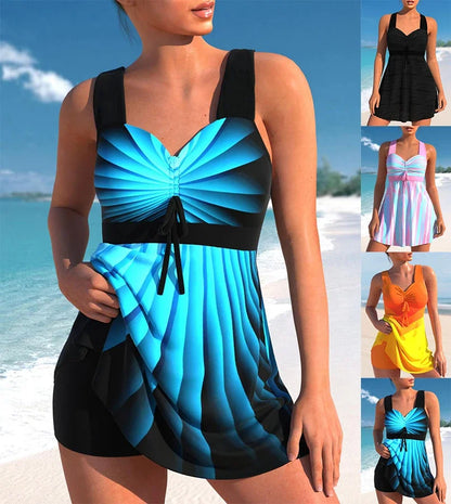 Summer Women's Blue Halo Printed Tankini and Shorts Two Piece Swimsuit Lace Up Beach Set S-6XL