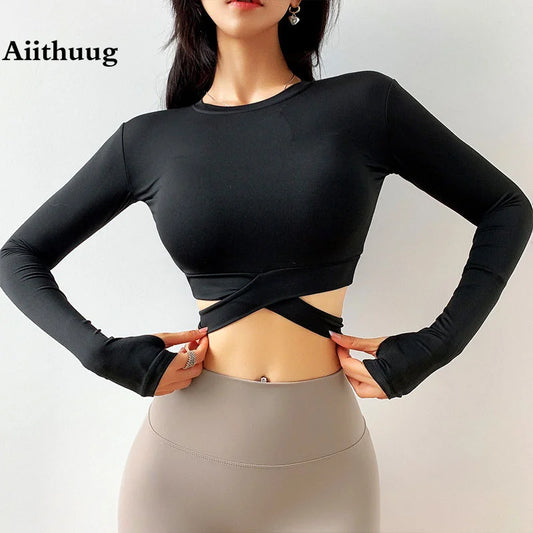 Long Sleeve Crop Tops Yoga Shirts Gym Shirt Women Fitness Workout Tops Slim Fit Top Cross Waist Design